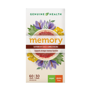 A package of Genuine Health memory supplement, featuring saffron with sage and ginkgo biloba. The product is labeled as vegan and gluten-free| EN