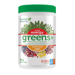 A container of Genuine Health greens+ extra energy powder in natural orange flavor, which is a supplement packed with antioxidants and phytonutrients that promote whole body health with an energy boost in one easy scoop| 15 servings|199 g