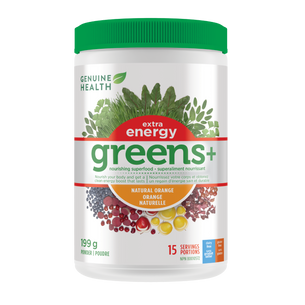 A container of Genuine Health greens+ extra energy powder in natural orange flavor, which is a supplement packed with antioxidants and phytonutrients that promote whole body health with an energy boost in one easy scoop| 15 servings|199 g