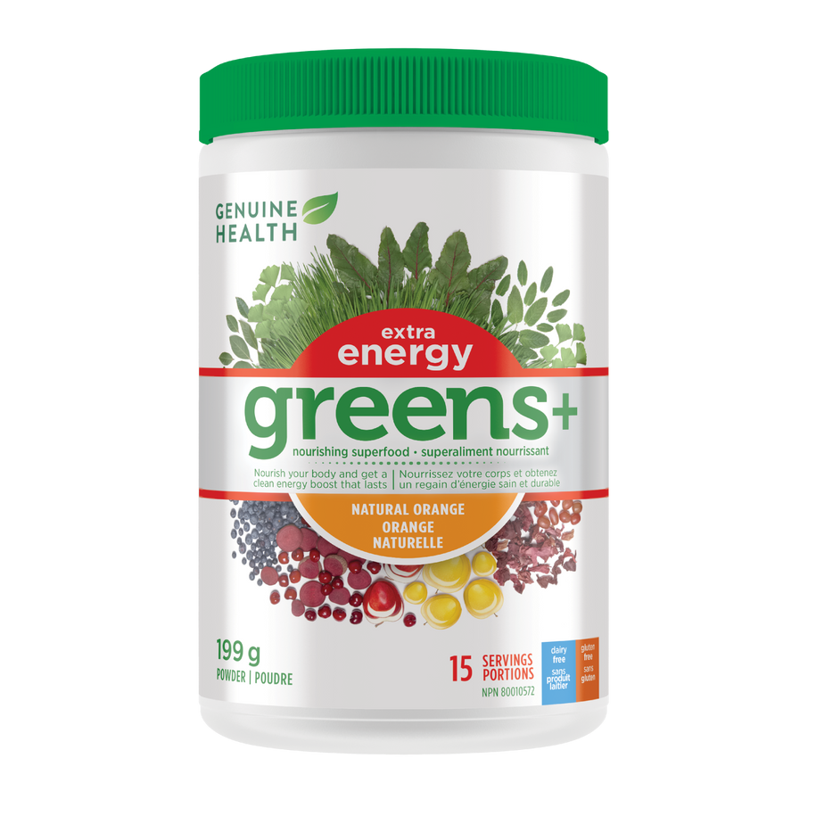 A container of Genuine Health greens+ extra energy powder in natural orange flavor, which is a supplement packed with antioxidants and phytonutrients that promote whole body health with an energy boost in one easy scoop|199g |15 servings |15 portions