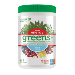 A container of Genuine Health greens+ extra energy powder in vanilla flavor, which is a supplement packed with antioxidants and phytonutrients that promote whole body health with an energy boost in one easy scoop|222 g | 15 servings |15 portions