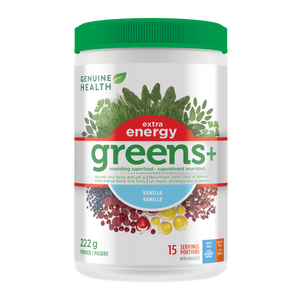 A container of Genuine Health greens+ extra energy powder in vanilla flavor, which is a supplement packed with antioxidants and phytonutrients that promote whole body health with an energy boost in one easy scoop|222 g | 15 servings |15 portions