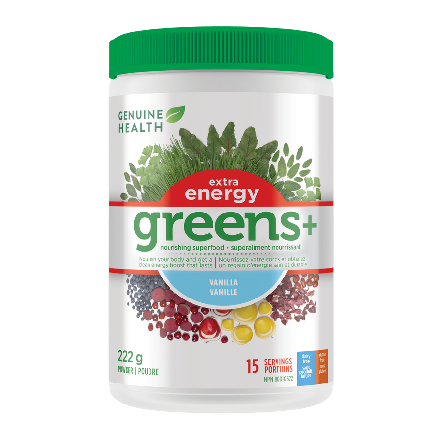A container of Genuine Health greens+ extra energy powder in vanilla flavor, which is a supplement packed with antioxidants and phytonutrients that promote whole body health with an energy boost in one easy scoop|222 g | 15 servings |15 portions