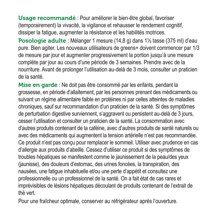 Text in French describing usage recommendations, dosage, and warnings for a product |Genuine Health greens+ extra energy vanilla