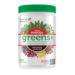 A container of Genuine Health greens+ extra energy powder in dark chocolate flavor, which is a supplement packed with antioxidants and phytonutrients that promote whole body health with an energy boost in one easy scoop|222 g |15 servings |15 portions