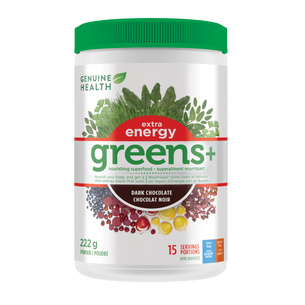 A container of Genuine Health greens+ extra energy powder in dark chocolate flavor, which is a supplement packed with antioxidants and phytonutrients that promote whole body health with an energy boost in one easy scoop|222 g |15 servings |15 portions