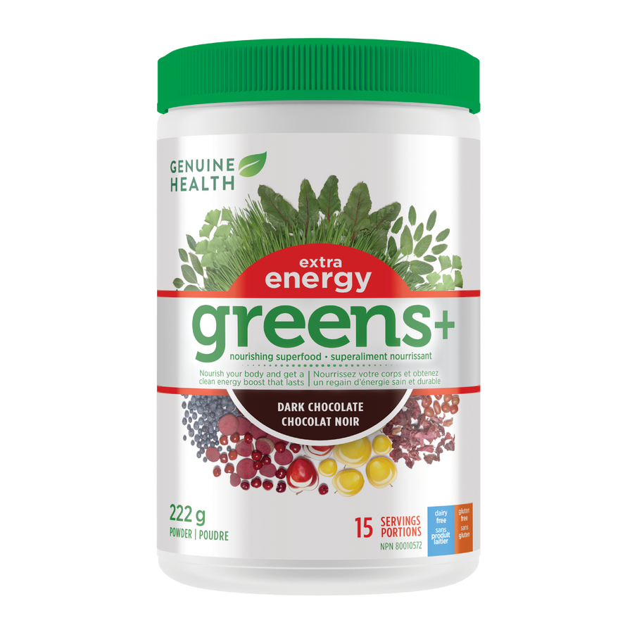 A container of Genuine Health greens+ extra energy powder in dark chocolate flavor, which is a supplement packed with antioxidants and phytonutrients that promote whole body health with an energy boost in one easy scoop|222 g |15 servings |15 portions