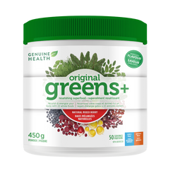 A container of Genuine Health original greens+ powder in natural mixed berry flavor, which is a supplement designed to provide foundational nutrition for the whole body in one easy scoop.| 50 servings