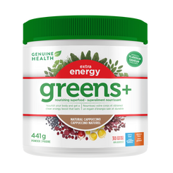 A container of Genuine Health Greens+ Extra Energy in cappuccino flavor, which is a supplement packed with antioxidants and phytonutrients that promote whole body health with an energy boost in one easy scoop|441 g|30 servings