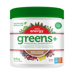 A container of Genuine Health Greens+ Extra Energy in cappuccino flavor, which is a supplement packed with antioxidants and phytonutrients that promote whole body health with an energy boost in one easy scoop|441 g|30 servings