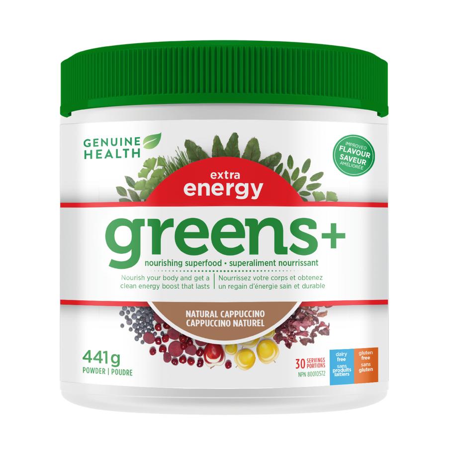A container of Genuine Health Greens+ Extra Energy in cappuccino flavor, which is a supplement packed with antioxidants and phytonutrients that promote whole body health with an energy boost in one easy scoop|441 g|30 servings