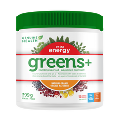 A container of Genuine Health greens+ extra energy powder in natural orange flavor, which is a supplement packed with antioxidants and phytonutrients that promote whole body health with an energy boost in one easy scoop| 15 servings|399 g|30 servings