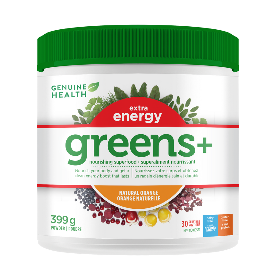 A container of Genuine Health greens+ extra energy powder in natural orange flavor, which is a supplement packed with antioxidants and phytonutrients that promote whole body health with an energy boost in one easy scoop| 15 servings|399 g|30 servings