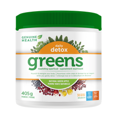 A container of Genuine Health greens+ daily detox powder in natural green apple flavor, which is a supplement that supports liver detoxification gentle enough for everyday use in one easy scoop|405 g|30 servings