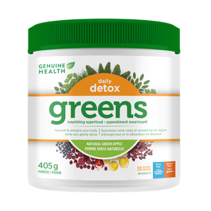 A container of Genuine Health greens+ daily detox powder in natural green apple flavor, which is a supplement that supports liver detoxification gentle enough for everyday use in one easy scoop|405 g|30 servings