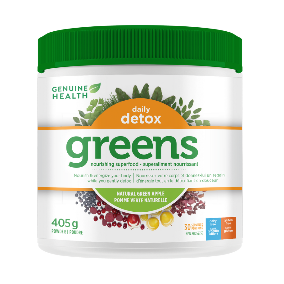 A container of Genuine Health greens+ daily detox powder in natural green apple flavor, which is a supplement that supports liver detoxification gentle enough for everyday use in one easy scoop|405 g|30 servings