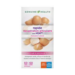 Genuine Health fast joint recovery supplement with Natural Eggshell Membrane providing a fast effective and lasting relief from exercise related joint pain. Clinical Strength| 60 capsules| FR