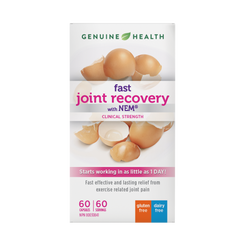Genuine Health fast joint recovery supplement with Natural Eggshell Membrane providing a fast effective and lasting relief from exercise related joint pain. Clinical Strength| 60 capsules| EN