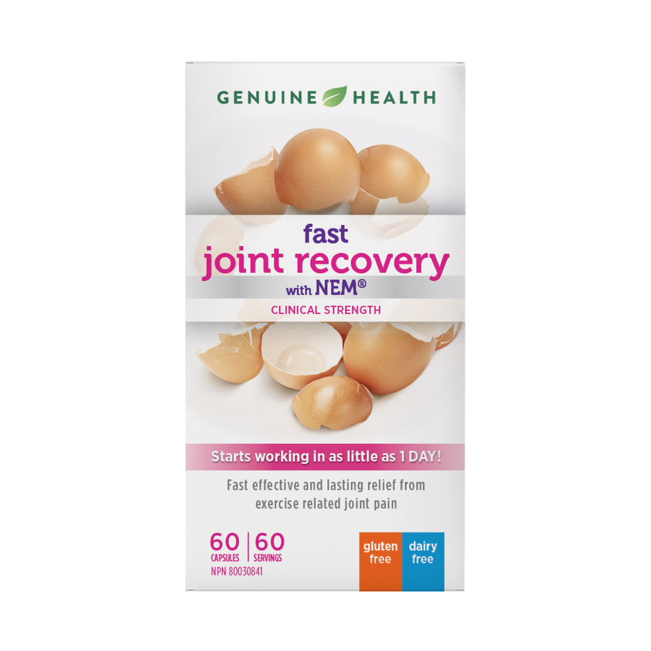 Genuine Health fast joint recovery supplement with Natural Eggshell Membrane providing a fast effective and lasting relief from exercise related joint pain. Clinical Strength| 60 capsules| EN