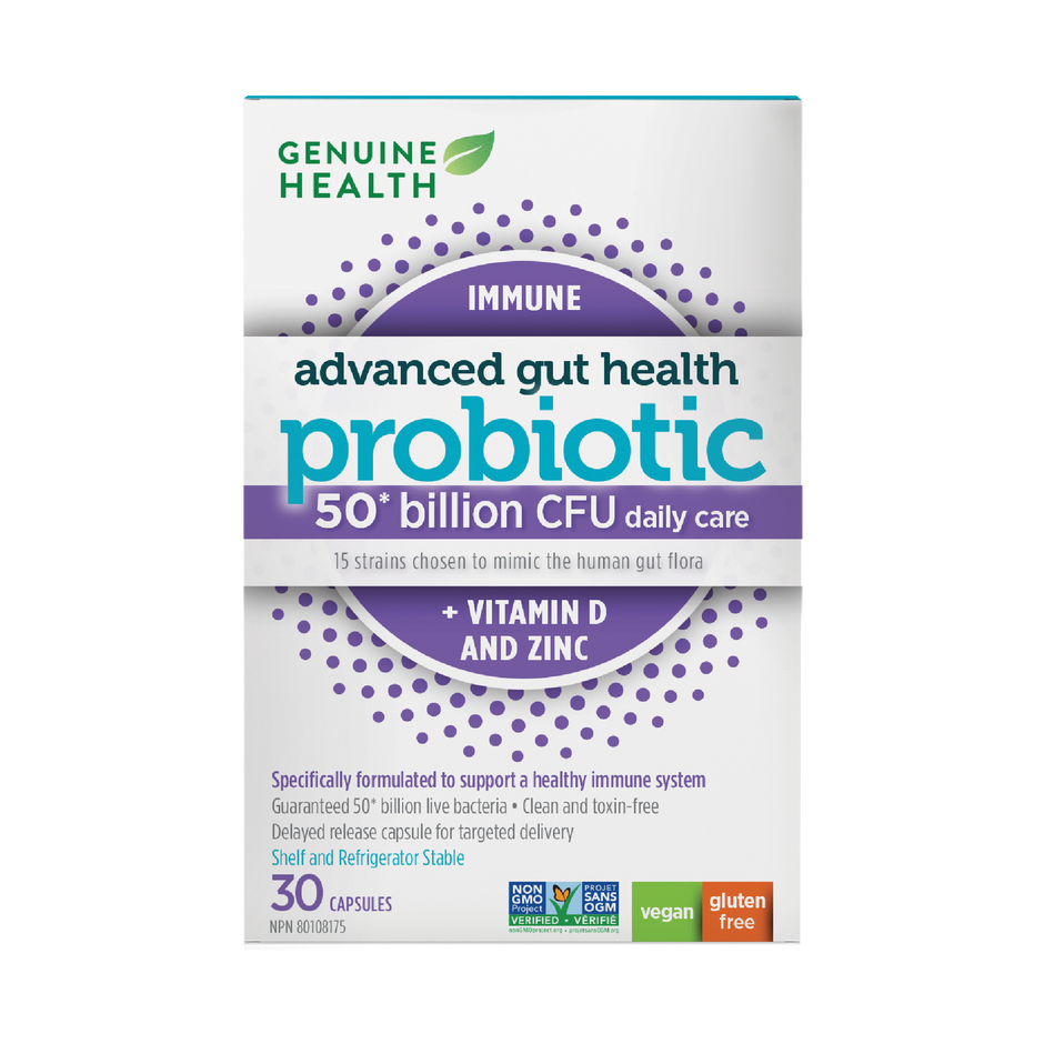 Genuine Health daily immune + vitamin d and zinc probiotic 50 billion|EN