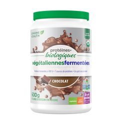 Container of Genuine Health fermented organic vegan proteins chocolate flavor |19 portions| FR