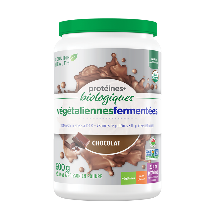 Container of Genuine Health fermented organic vegan proteins chocolate flavor |19 portions| FR