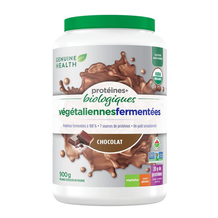 Container of Genuine Health fermented organic vegan proteins chocolate flavor |29 portions| FR