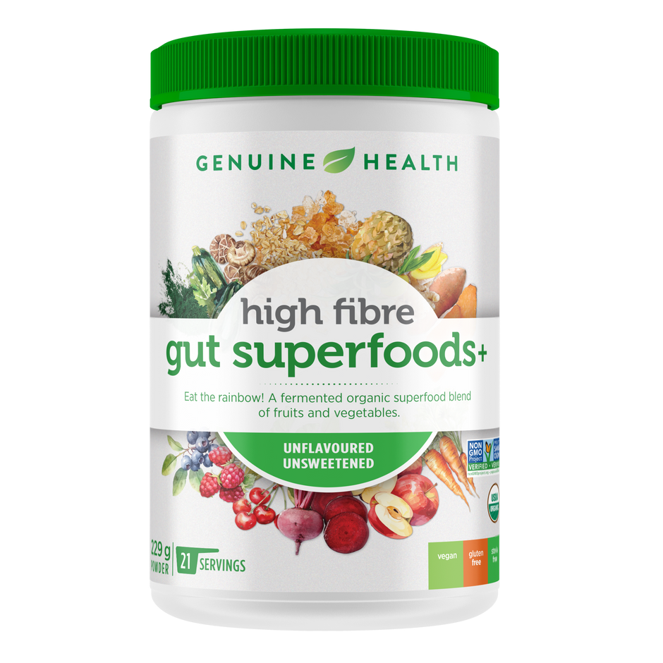 Genuine Health high fibre gut superfoods fibre supplement container |21 servings
