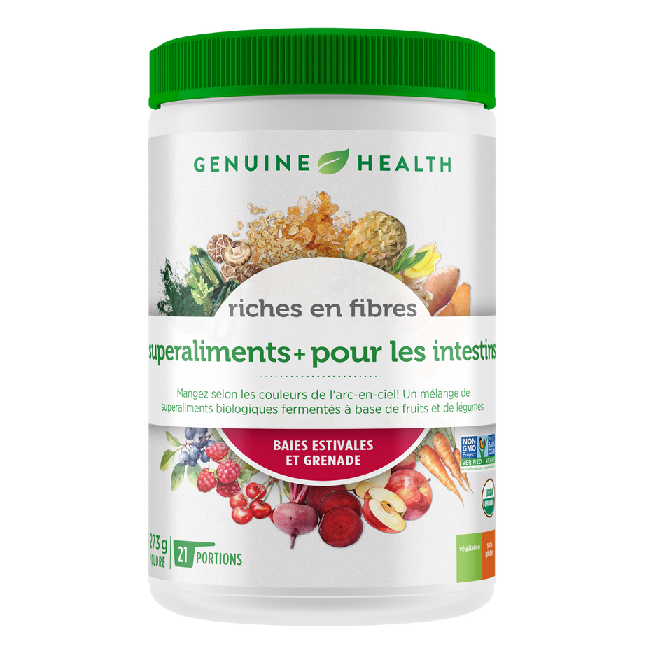 Genuine Health high fibre gut superfoods fibre supplement container|21 servings|FR