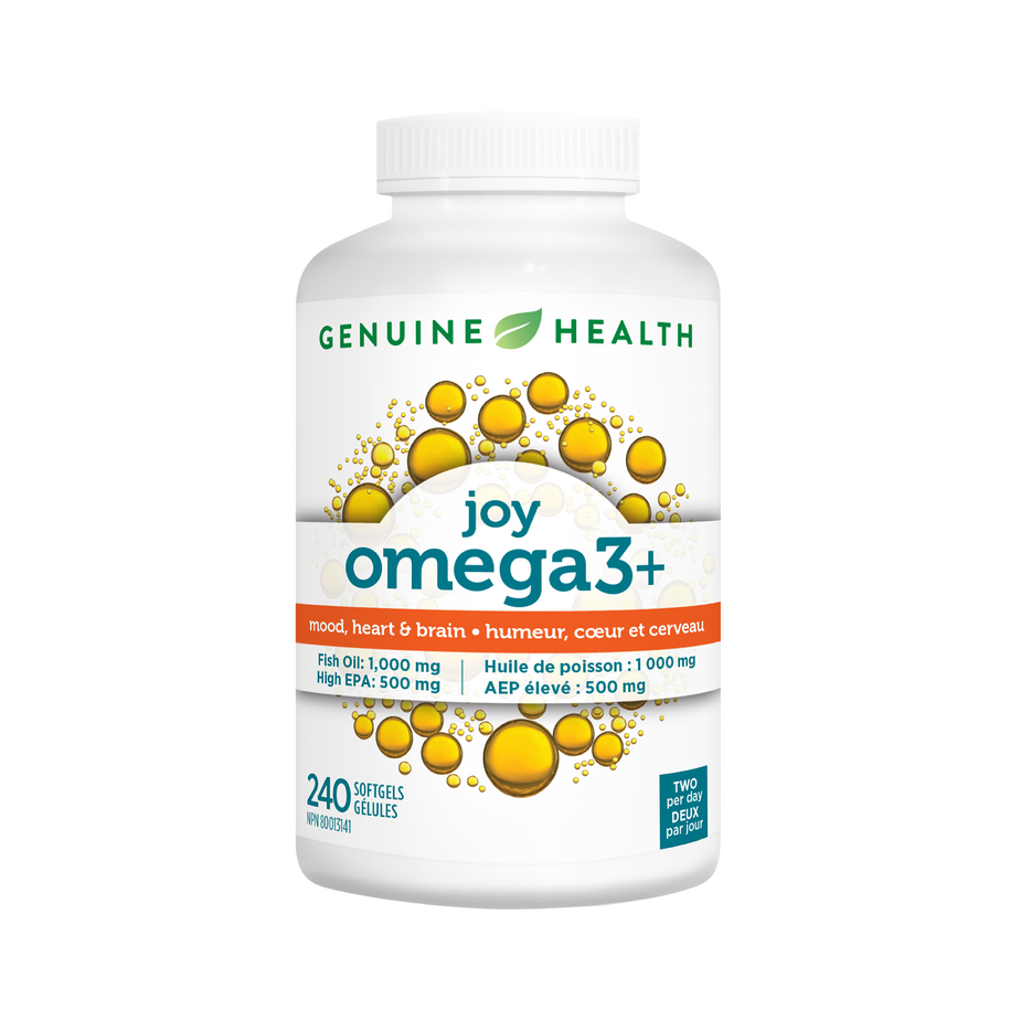 Genuine Health omega3+ joy 240 capsules supplement bottle on a white background