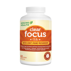 A bottle of 'Clear Focus' supplement by Genuine Health with organic Lion's Mane mushroom, containing 60 capsules, designed to increase concentration and memory.