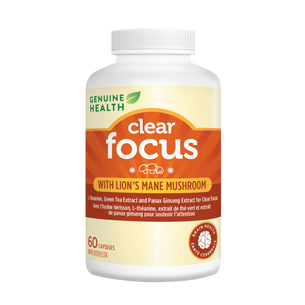 A bottle of 'Clear Focus' supplement by Genuine Health with organic Lion's Mane mushroom, containing 60 capsules, designed to increase concentration and memory.