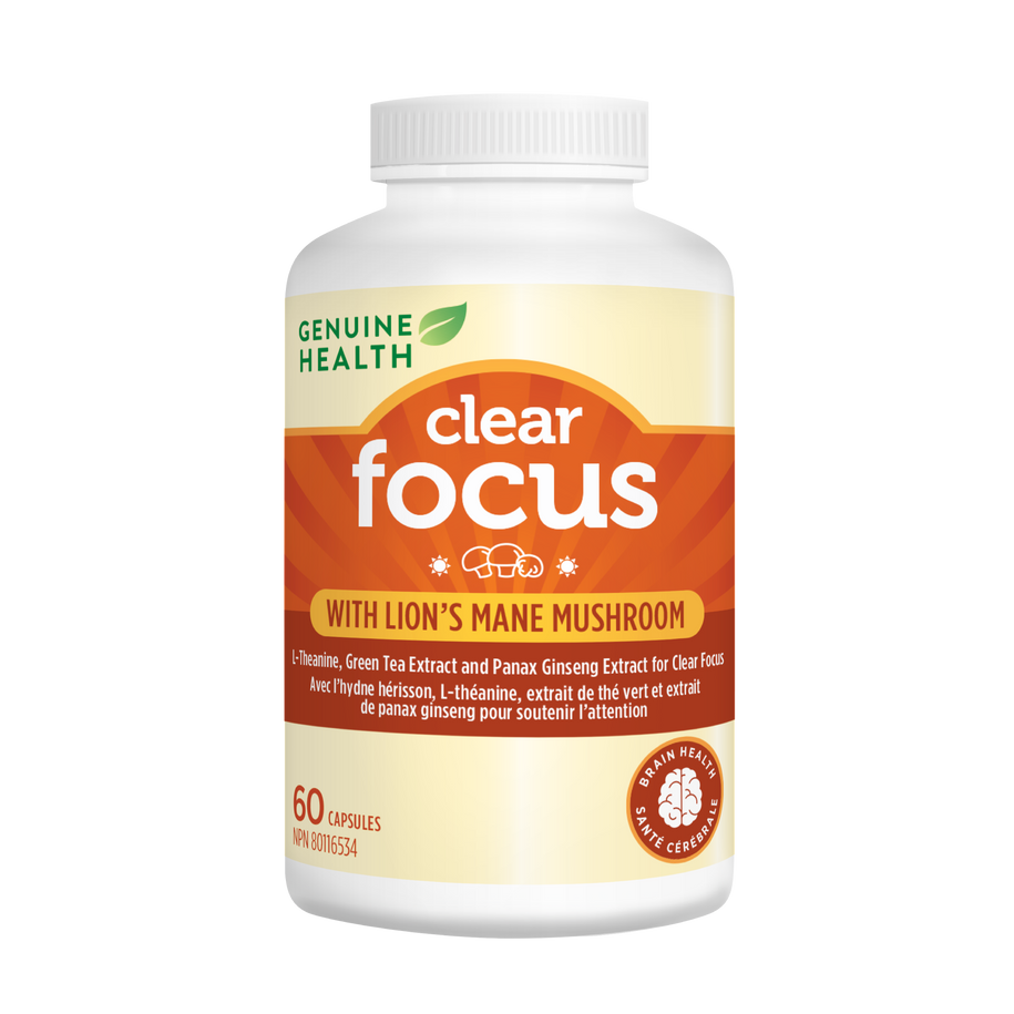 A bottle of 'Clear Focus' supplement by Genuine Health with organic Lion's Mane mushroom, containing 60 capsules, designed to increase concentration and memory.
